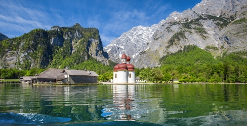 Königssee lake with St. Bartholomä pilgrimage chapel in summer, Bavaria, Germany