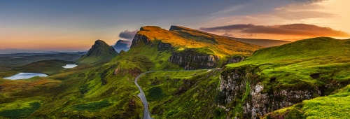 Quiraing-Gebirgssonnenuntergang bei Isle of Skye,Schottland,Großbritannien