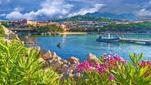 View of harbor and village Porto Cervo, Olbia Tempio region, Sardinia island, Italy