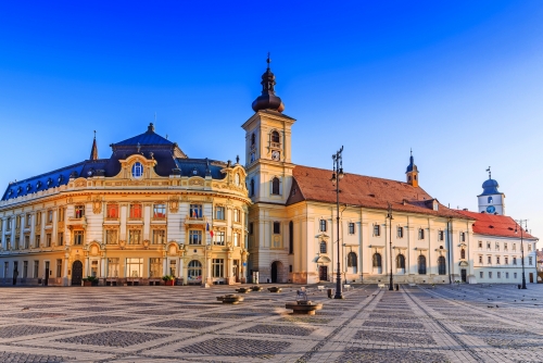 Sibiu, Romania. City Hall and Brukenthal palace in Transylvania.