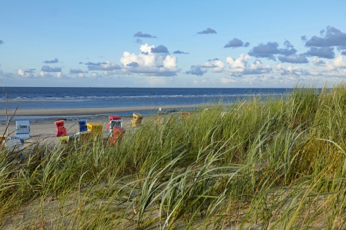 Strandkörbe hinter Dünengras auf der ostfriesischen Insel Langeoog, Deutschland