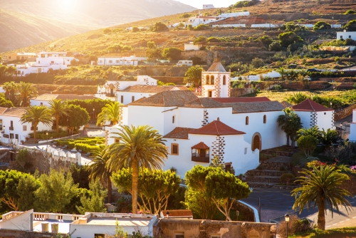 View on Betancuria village with church tower on Fuerteventura island in Spain