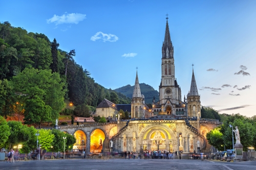 Rosary Basilica in the evening in Lourdes