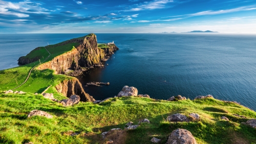 Stunning dusk at the Neist point lighthouse in Isle of Skye, Scotland