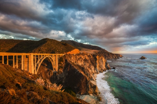 Bixby Bridge along Highway 1 at sunset, Big Sur, California, USA