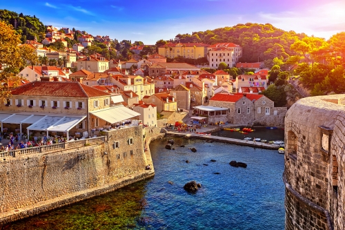 General view of Dubrovnik - Fortresses Lovrijenac and Bokar seen at sunset