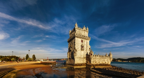 Beautiful ancient Belem tower panoramic view at sunset, Lisbon