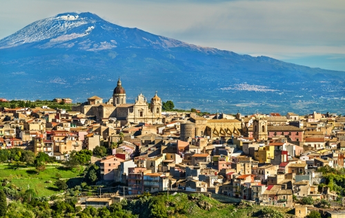 View of Militello in Val di Catania with Mount Etna in the background - Sicily, Italy