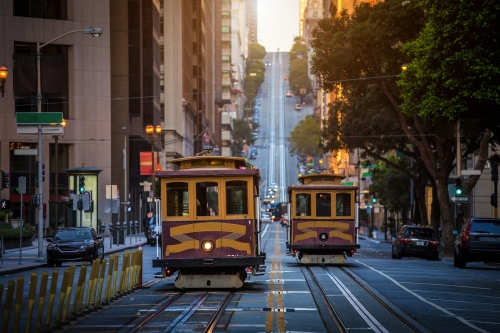 San Francisco Cable Cars on California Street at sunrise, California, USA