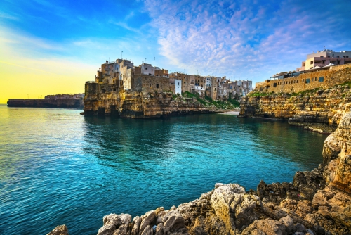 Polignano a Mare village at sunrise, Bari, Apulia, Italy.