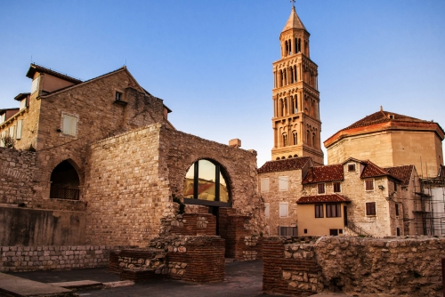 Scene from the old city of Split and the view of old bell tower