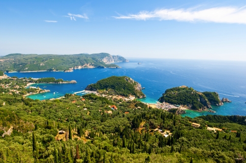 The bay of Palaiokastritsa with the monastery. Corfu, Greece.