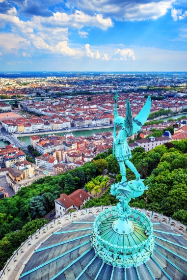 Vertical view of Lyon from the top of Notre Dame de Fourviere