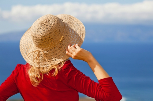 lady in red with hat 2