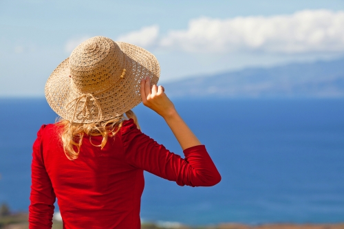 lady in red with hat