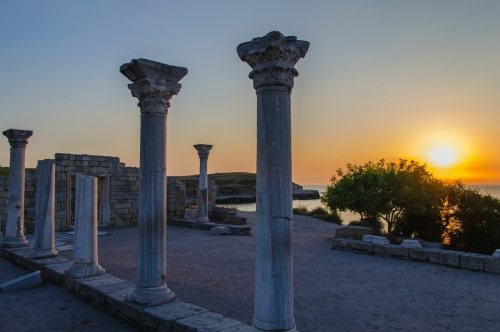 Ruins of ancient greek colony Khersones. Sunset, Sevastopol