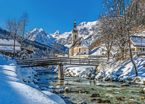 Winter landscape with church in Bavarian Alps with famous Church, Germany