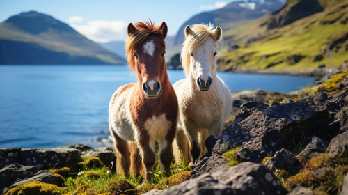 zwei Islandpferde am Ufer eines Sees