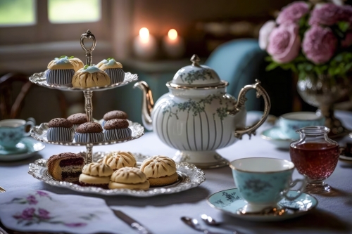 Table with tea cups and pastries on it.