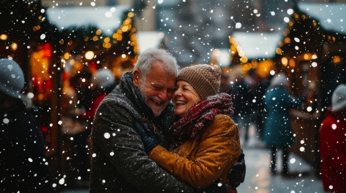 älteres Paar hat Spaß auf einem Weihnachtsmarkt~1