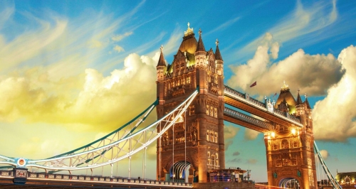 London, The Tower Bridge lights show at sunset