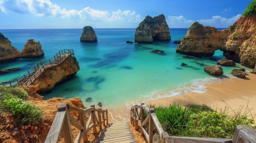 Panoramablick auf einen Algarve-Strand mit goldenen Klippen und türkisfarbenem Wasser