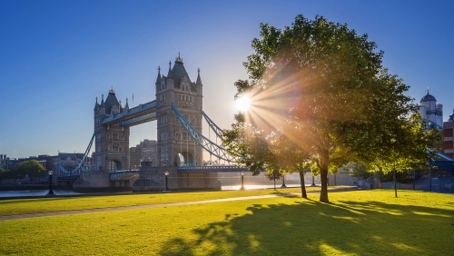 London, Großbritannien – berühmte Tower Bridge bei Sonnenaufgang mit Sonnenlicht, Bäumen, blauem Himmel und grünem Gras