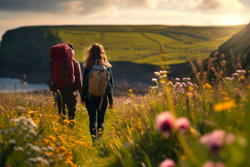 junges Wanderpaar mit schweren Rucksäcken genießt die wilde Natur