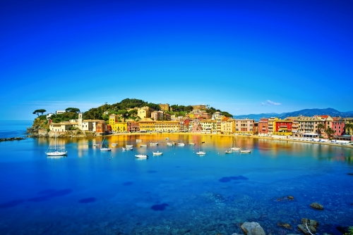 Sestri Levante, Stille Bucht Meer Hafen und Strand Blick. Ligurien,