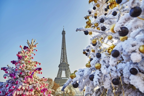 Weihnachtsbaum bedeckt mit Schnee nahe dem Eiffelturm in Paris