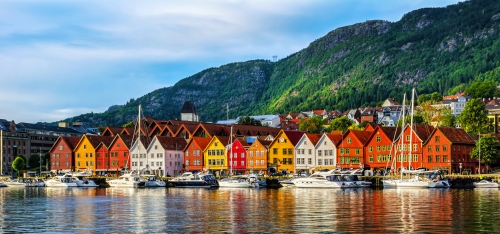 Bergen, Norway. View of historical buildings in Bryggen- Hanseatic wharf in Bergen, Norway. UNESCO World Heritage Site